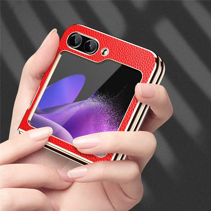 For Samsung Galaxy Z Flip5 5G Case Leather Coated PC Electroplating Phone Cover Litchi Texture