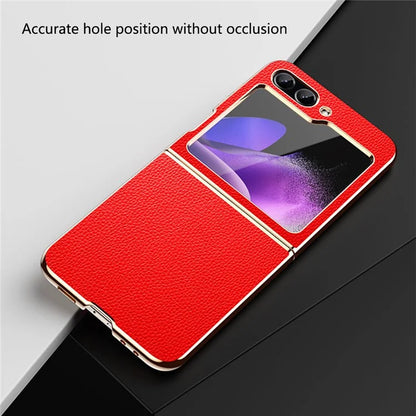 For Samsung Galaxy Z Flip5 5G Case Leather Coated PC Electroplating Phone Cover Litchi Texture