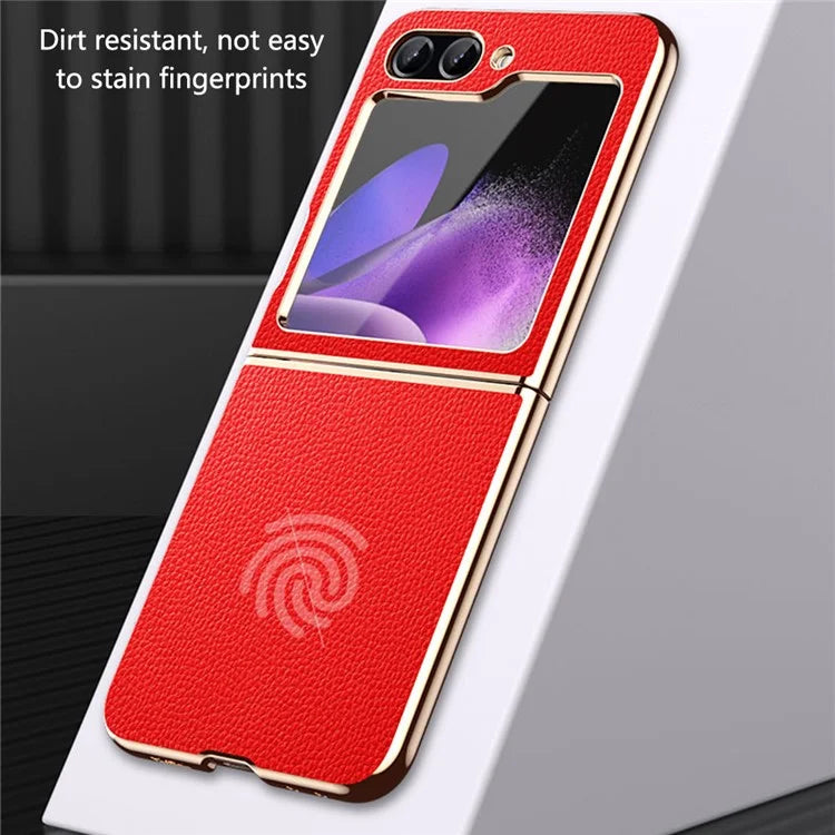 For Samsung Galaxy Z Flip5 5G Case Leather Coated PC Electroplating Phone Cover Litchi Texture