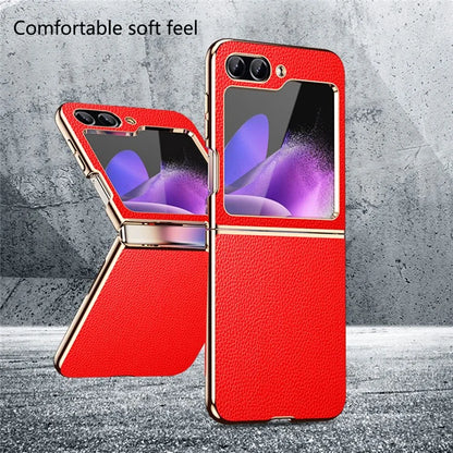 For Samsung Galaxy Z Flip5 5G Case Leather Coated PC Electroplating Phone Cover Litchi Texture