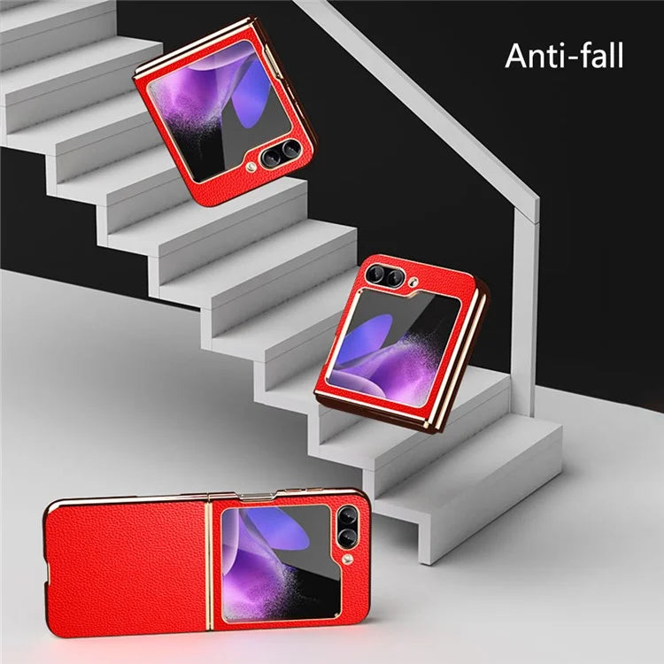 For Samsung Galaxy Z Flip5 5G Case Leather Coated PC Electroplating Phone Cover Litchi Texture