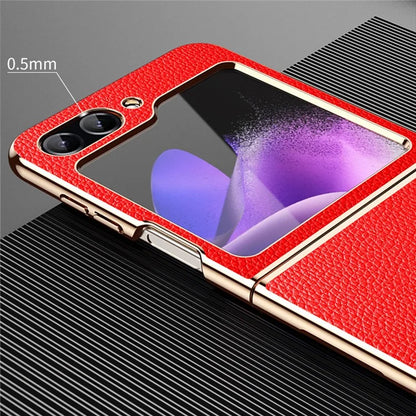 For Samsung Galaxy Z Flip5 5G Case Leather Coated PC Electroplating Phone Cover Litchi Texture