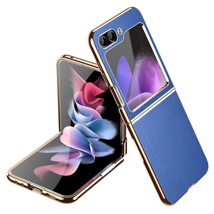 For Samsung Galaxy Z Flip5 5G Case Leather Coated PC Electroplating Phone Cover Litchi Texture