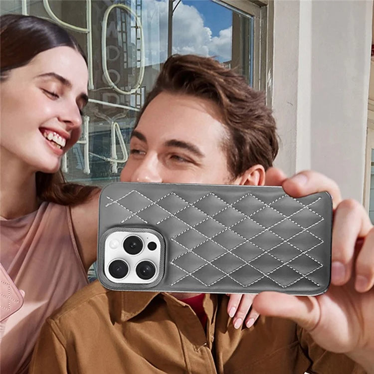 KST DESIGN For iPhone 13 Pro Case Leather Coated PC+TPU Phone Cover Stitching Rhombus, Matte Interior