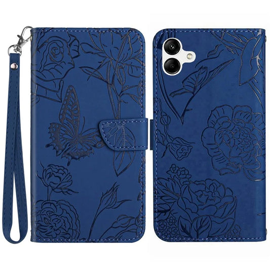 HT03 For Samsung Galaxy A06 Leather Case with Hand Strap Butterfly Flower Imprint