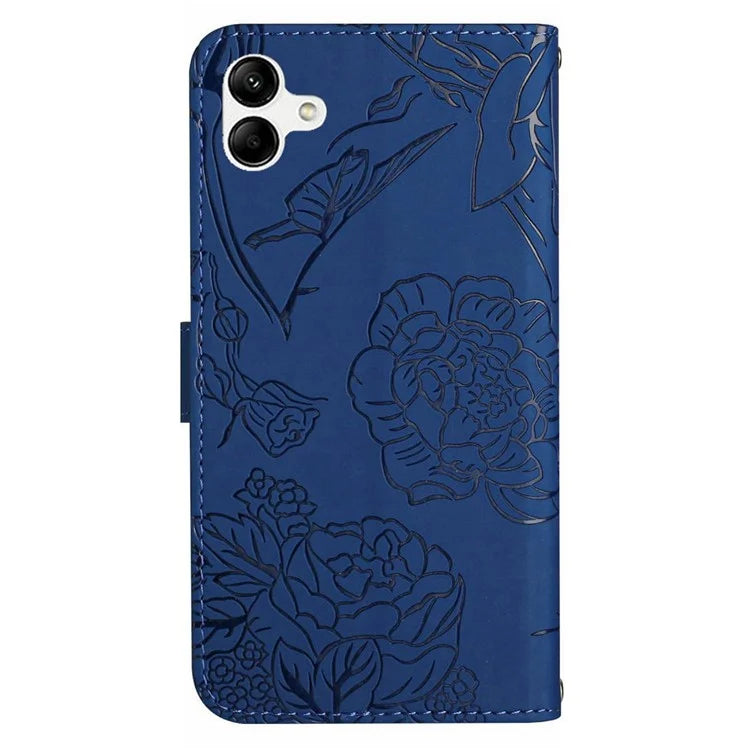 HT03 For Samsung Galaxy A06 Leather Case with Hand Strap Butterfly Flower Imprint
