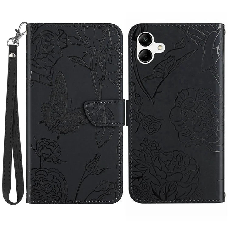 HT03 For Samsung Galaxy A06 Leather Case with Hand Strap Butterfly Flower Imprint