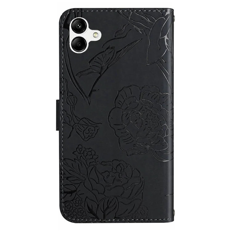 HT03 For Samsung Galaxy A06 Leather Case with Hand Strap Butterfly Flower Imprint