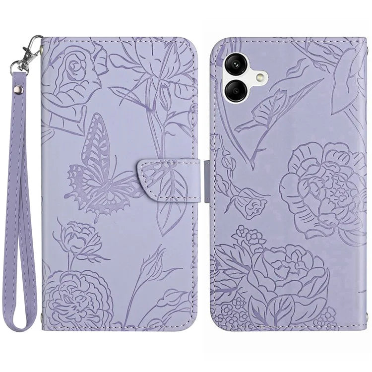 HT03 For Samsung Galaxy A06 Leather Case with Hand Strap Butterfly Flower Imprint