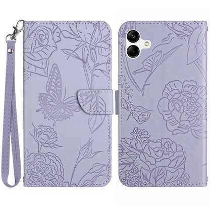 HT03 For Samsung Galaxy A06 Leather Case with Hand Strap Butterfly Flower Imprint