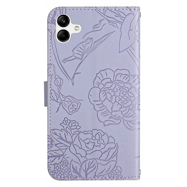 HT03 For Samsung Galaxy A06 Leather Case with Hand Strap Butterfly Flower Imprint