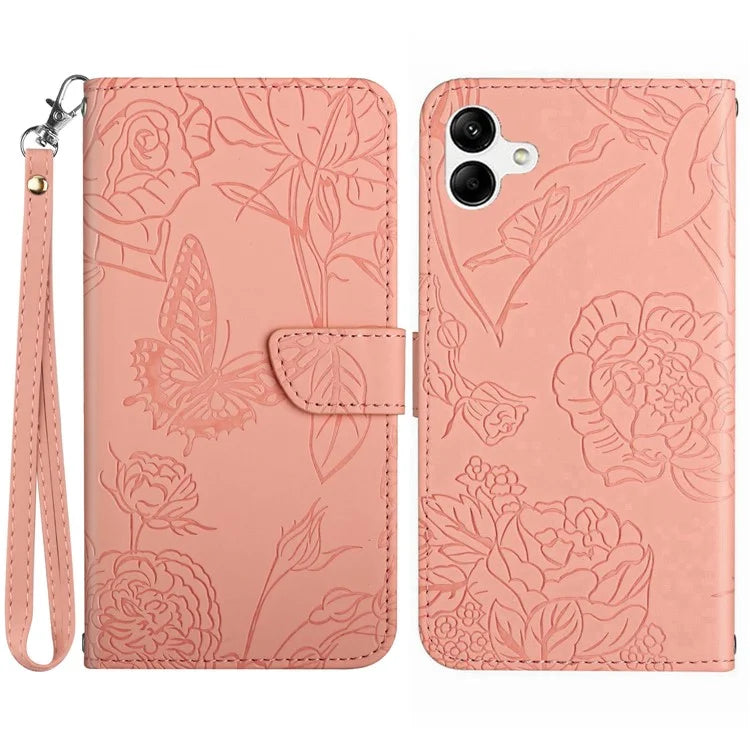 HT03 For Samsung Galaxy A06 Leather Case with Hand Strap Butterfly Flower Imprint