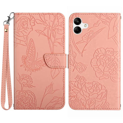 HT03 For Samsung Galaxy A06 Leather Case with Hand Strap Butterfly Flower Imprint
