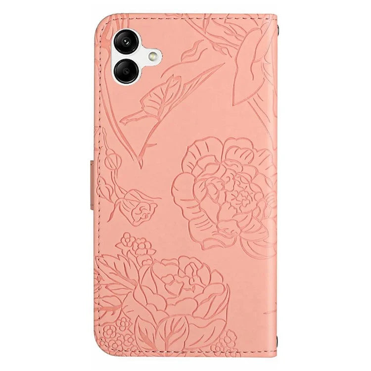 HT03 For Samsung Galaxy A06 Leather Case with Hand Strap Butterfly Flower Imprint