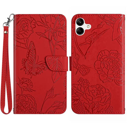 HT03 For Samsung Galaxy A06 Leather Case with Hand Strap Butterfly Flower Imprint