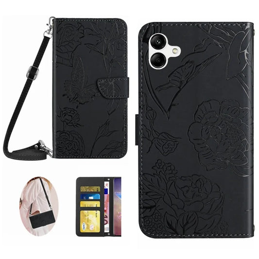 HT03 For Samsung Galaxy A06 Case Butterfly Flower Imprint Leather Phone Cover with Shoulder Strap
