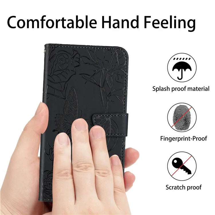 HT03 For Samsung Galaxy A06 Case Butterfly Flower Imprint Leather Phone Cover with Shoulder Strap