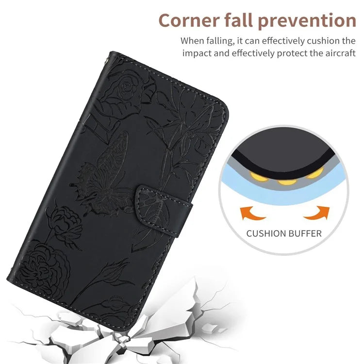 HT03 For Samsung Galaxy A06 Case Butterfly Flower Imprint Leather Phone Cover with Shoulder Strap