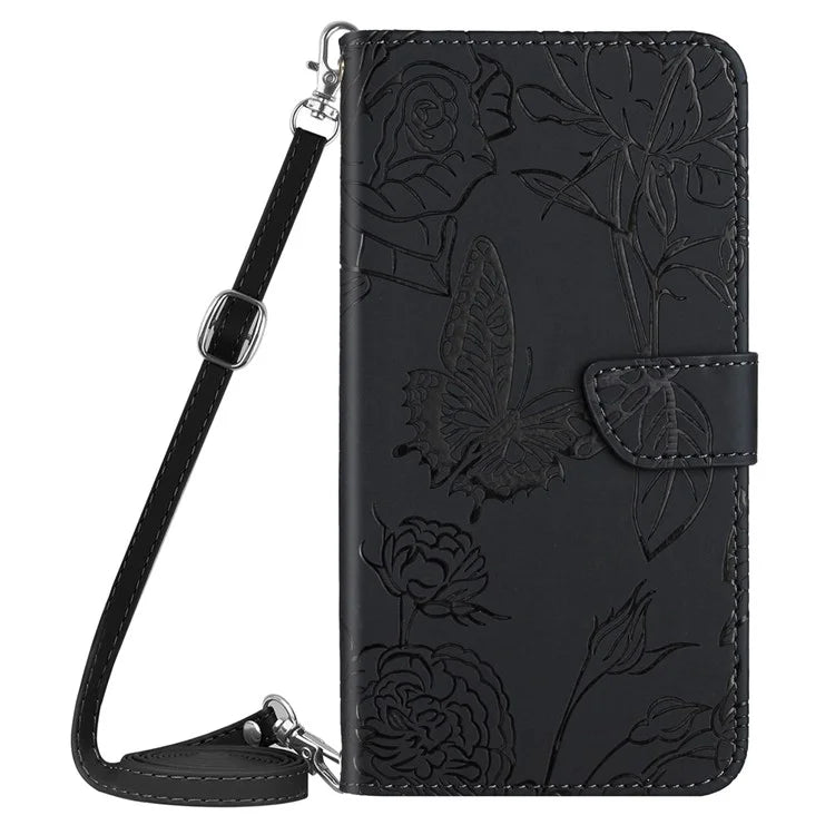 HT03 For Samsung Galaxy A06 Case Butterfly Flower Imprint Leather Phone Cover with Shoulder Strap