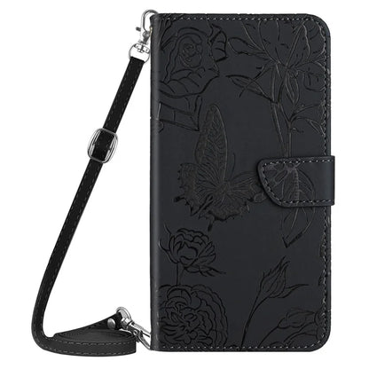 HT03 For Samsung Galaxy A06 Case Butterfly Flower Imprint Leather Phone Cover with Shoulder Strap