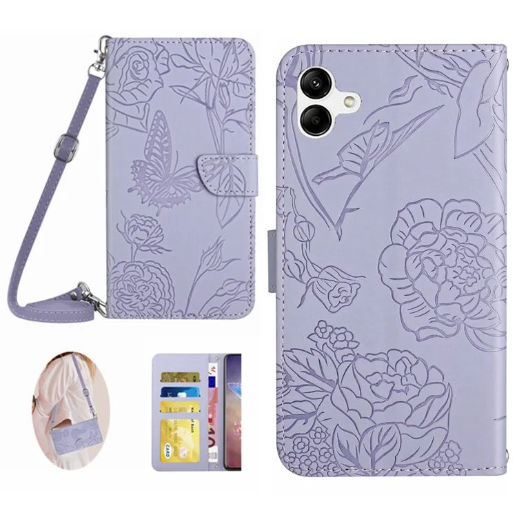 HT03 For Samsung Galaxy A06 Case Butterfly Flower Imprint Leather Phone Cover with Shoulder Strap