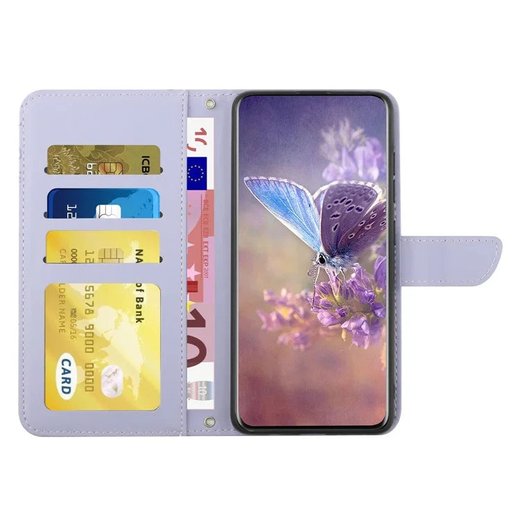 HT03 For Samsung Galaxy A06 Case Butterfly Flower Imprint Leather Phone Cover with Shoulder Strap