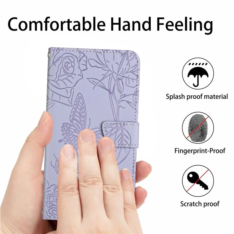 HT03 For Samsung Galaxy A06 Case Butterfly Flower Imprint Leather Phone Cover with Shoulder Strap