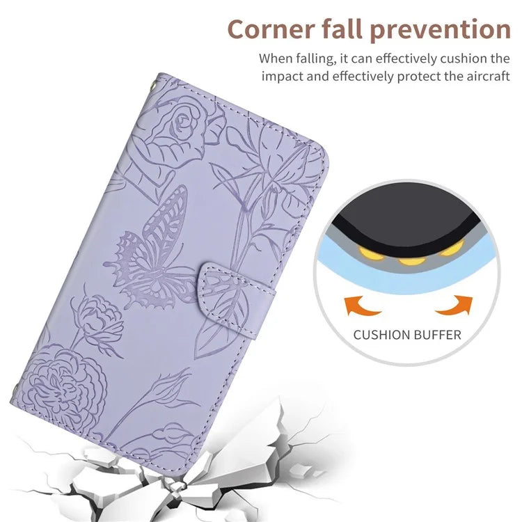 HT03 For Samsung Galaxy A06 Case Butterfly Flower Imprint Leather Phone Cover with Shoulder Strap