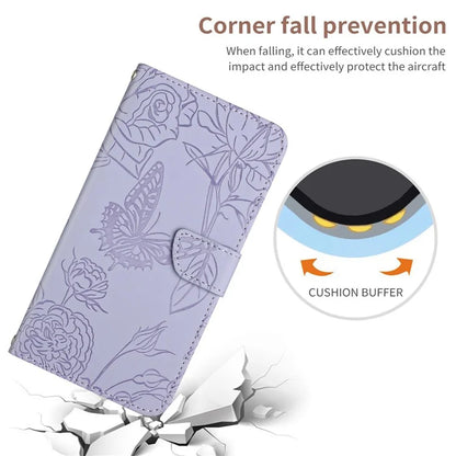 HT03 For Samsung Galaxy A06 Case Butterfly Flower Imprint Leather Phone Cover with Shoulder Strap