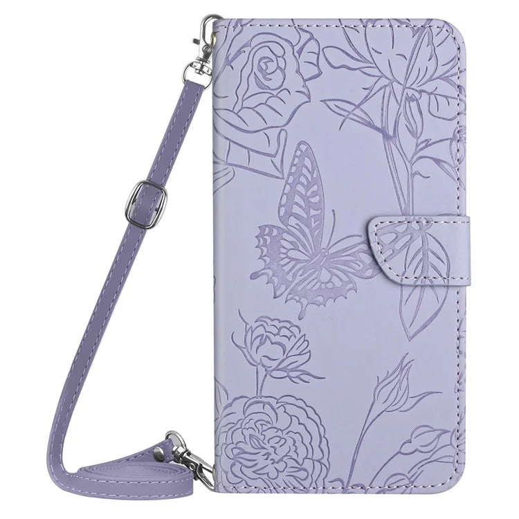 HT03 For Samsung Galaxy A06 Case Butterfly Flower Imprint Leather Phone Cover with Shoulder Strap