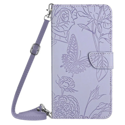 HT03 For Samsung Galaxy A06 Case Butterfly Flower Imprint Leather Phone Cover with Shoulder Strap