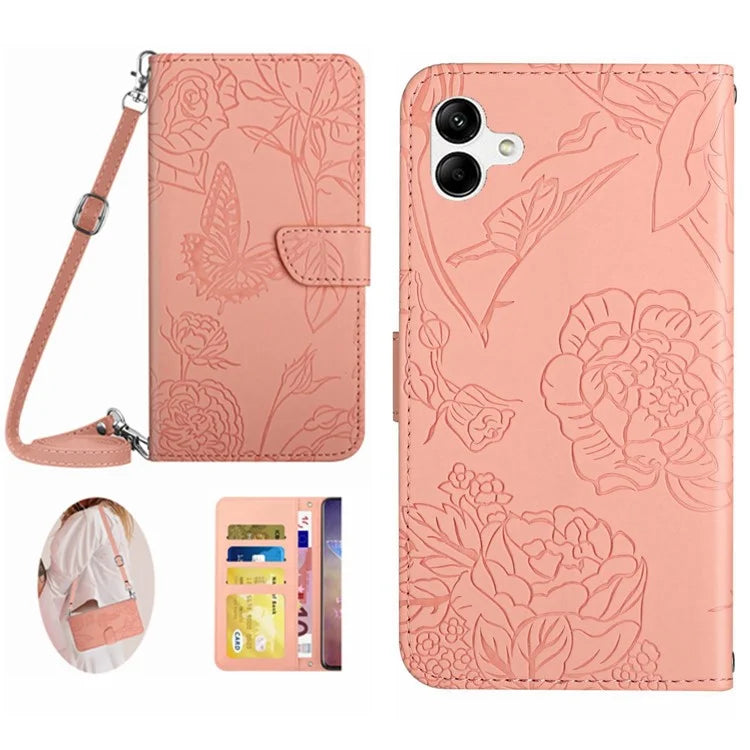HT03 For Samsung Galaxy A06 Case Butterfly Flower Imprint Leather Phone Cover with Shoulder Strap