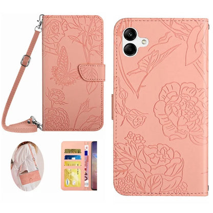 HT03 For Samsung Galaxy A06 Case Butterfly Flower Imprint Leather Phone Cover with Shoulder Strap