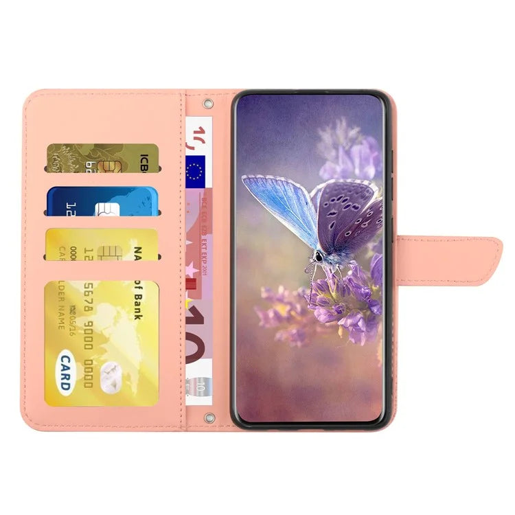 HT03 For Samsung Galaxy A06 Case Butterfly Flower Imprint Leather Phone Cover with Shoulder Strap