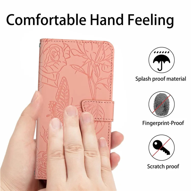 HT03 For Samsung Galaxy A06 Case Butterfly Flower Imprint Leather Phone Cover with Shoulder Strap