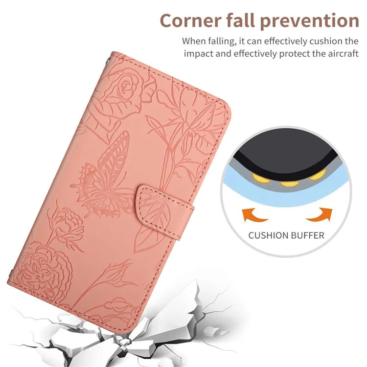 HT03 For Samsung Galaxy A06 Case Butterfly Flower Imprint Leather Phone Cover with Shoulder Strap