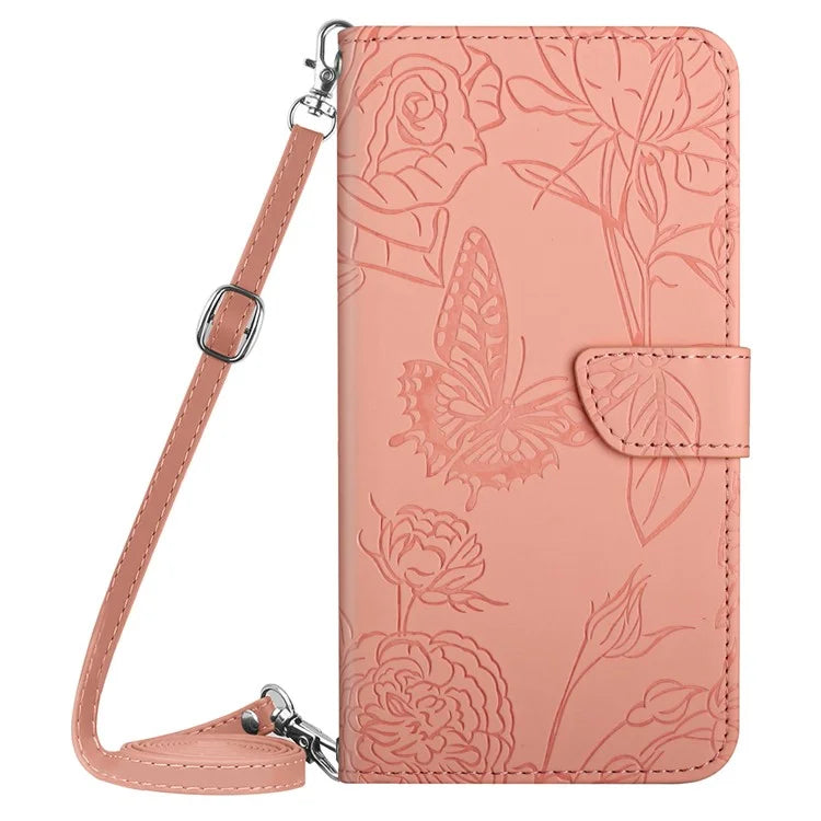 HT03 For Samsung Galaxy A06 Case Butterfly Flower Imprint Leather Phone Cover with Shoulder Strap