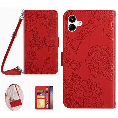HT03 For Samsung Galaxy A06 Case Butterfly Flower Imprint Leather Phone Cover with Shoulder Strap