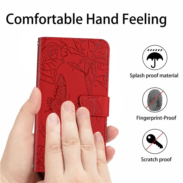 HT03 For Samsung Galaxy A06 Case Butterfly Flower Imprint Leather Phone Cover with Shoulder Strap