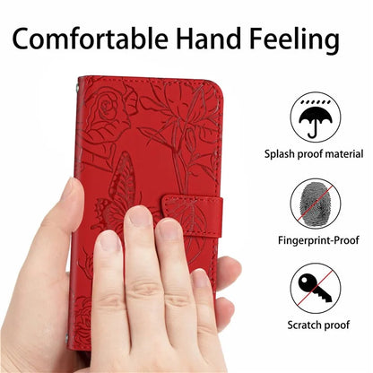 HT03 For Samsung Galaxy A06 Case Butterfly Flower Imprint Leather Phone Cover with Shoulder Strap