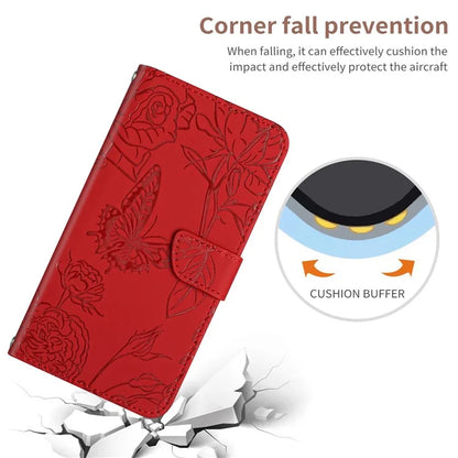 HT03 For Samsung Galaxy A06 Case Butterfly Flower Imprint Leather Phone Cover with Shoulder Strap