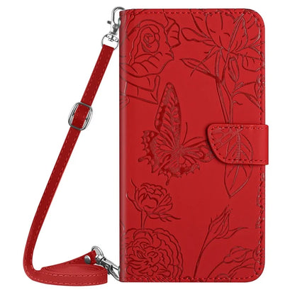HT03 For Samsung Galaxy A06 Case Butterfly Flower Imprint Leather Phone Cover with Shoulder Strap