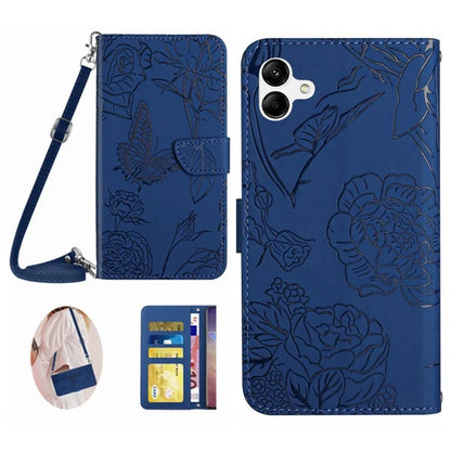 HT03 For Samsung Galaxy A06 Case Butterfly Flower Imprint Leather Phone Cover with Shoulder Strap