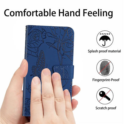 HT03 For Samsung Galaxy A06 Case Butterfly Flower Imprint Leather Phone Cover with Shoulder Strap