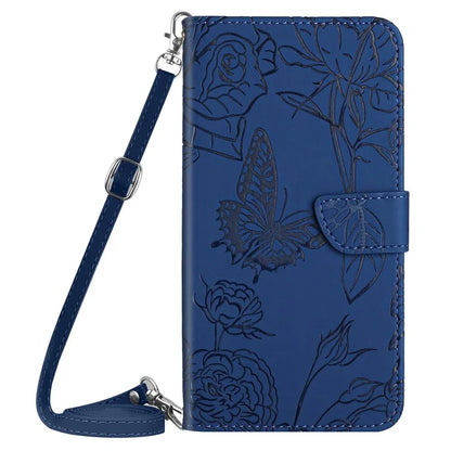 HT03 For Samsung Galaxy A06 Case Butterfly Flower Imprint Leather Phone Cover with Shoulder Strap