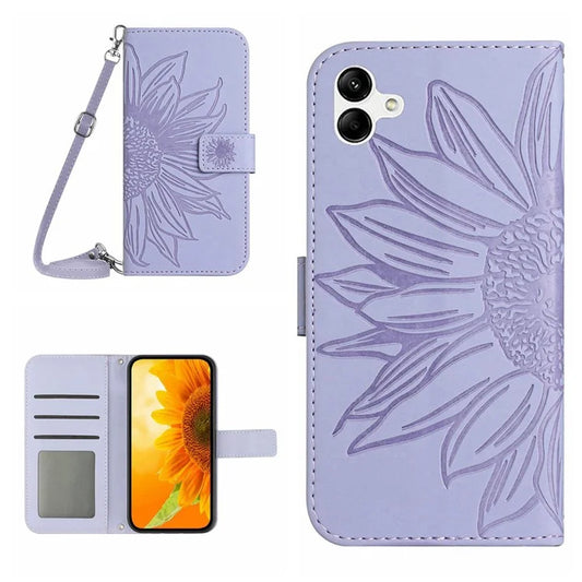 HT04 For Samsung Galaxy A06 Case PU Leather Sunflower Imprint Phone Cover with Long Strap