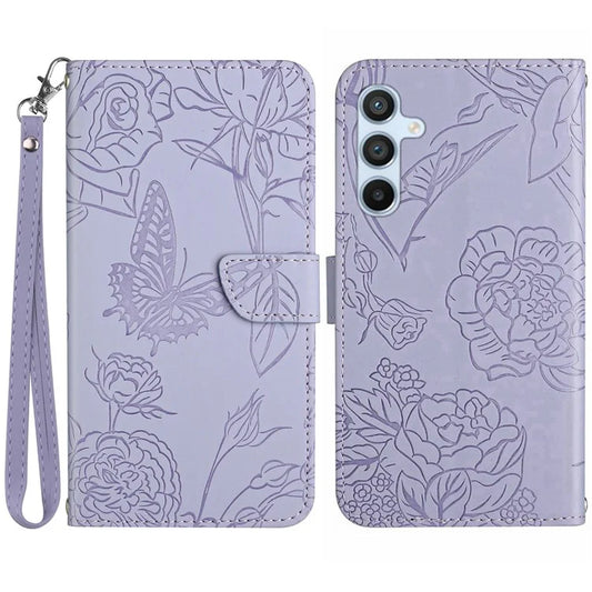 HT03 For Samsung Galaxy A16 5G Phone Case Butterfly Flower Imprint Leather Cover with Strap
