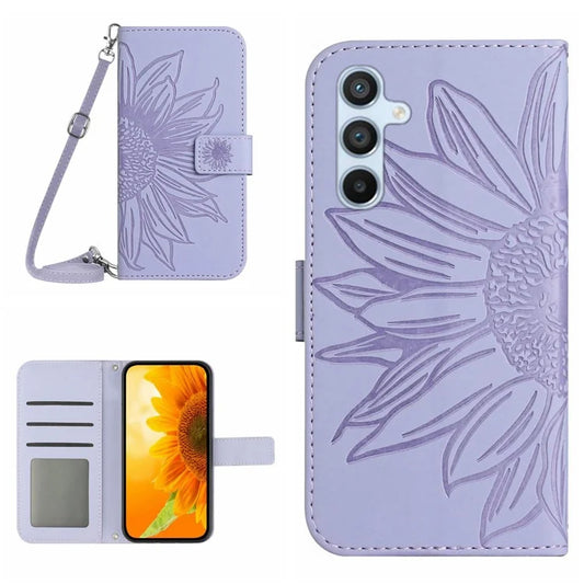 HT04 For Samsung Galaxy A16 5G Case Sunflower Imprint PU Leather Phone Cover with Long Strap