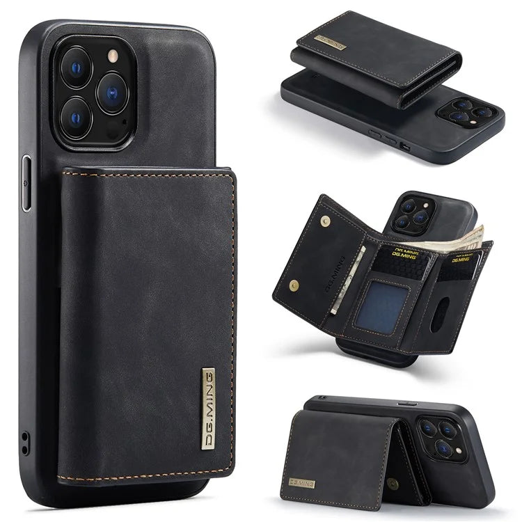 DG.MING M1 Series for iPhone 16 Pro Max Case Kickstand PU Phone Cover with Detachable Wallet