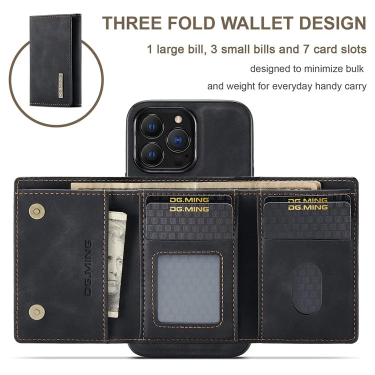 DG.MING M1 Series for iPhone 16 Pro Max Case Kickstand PU Phone Cover with Detachable Wallet